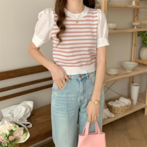 ICW Women's Stretchable Knitted Puff Sleeve Stripe Crop Top T-Shirt (One Size 28-34 Inch BUST) 698 - Image 3