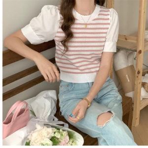 ICW Women's Stretchable Knitted Puff Sleeve Stripe Crop Top T-Shirt (One Size 28-34 Inch BUST) 698 - Image 4