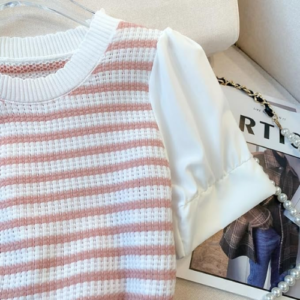 ICW Women's Stretchable Knitted Puff Sleeve Stripe Crop Top T-Shirt (One Size 28-34 Inch BUST) 698 - Image 5