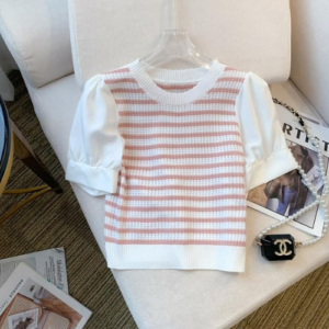 ICW Women's Stretchable Knitted Puff Sleeve Stripe Crop Top T-Shirt (One Size 28-34 Inch BUST) 698 - Image 6