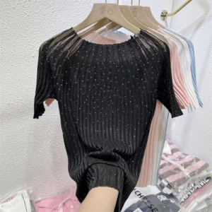 ICW Women Knit Rhinestone Embellised Mesh Crop Top T-Shirt (One Size Bust 28-34 Inch) 107 - Image 3