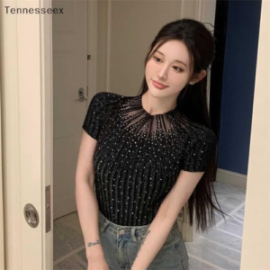 ICW Women Knit Rhinestone Embellised Mesh Crop Top T-Shirt (One Size Bust 28-34 Inch) 107 - Image 4