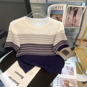 ICW Women's Stretchable Knit-Rib Half Sleeve Striped Crop Top T-Shirt 105 - Image 3