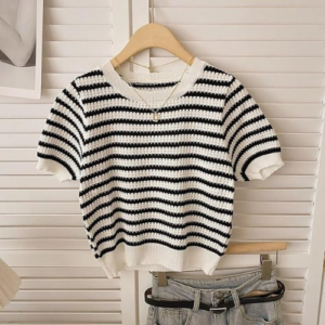 ICW Women's Acrylic Knitted Half Sleeve Round Neck Horizontal Stripe Crop Top T-Shirt - Image 3
