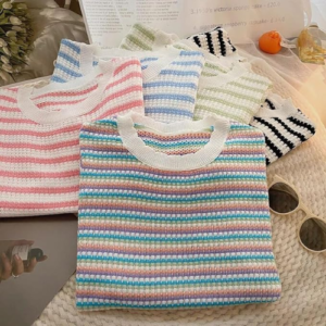 ICW Women's Acrylic Knitted Half Sleeve Round Neck Horizontal Stripe Crop Top T-Shirt - Image 4