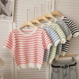 ICW Women's Acrylic Knitted Half Sleeve Round Neck Horizontal Stripe Crop Top T-Shirt - Image 5