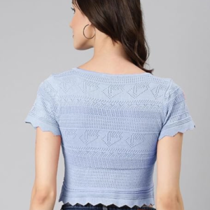 ICW Women's Knit-Rib Acrylic Crochet Hollow Out Button-Up Crop Top T-Shirt for Girls (Bust Size 28-32 Inch) - Image 3