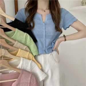 ICW Women's Knit-Rib Acrylic Crochet Hollow Out Button-Up Crop Top T-Shirt for Girls (Bust Size 28-32 Inch) - Image 6